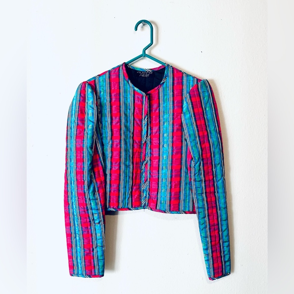 Y2K PLAID VINTAGE GREEN PINK MULTI COLORED QUILTED BLAZER SIZE S FESTIVE HOLIDAY